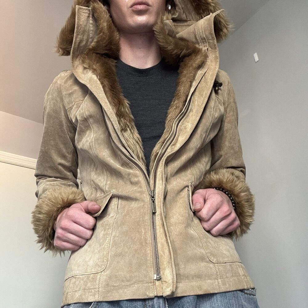 Vintage Alfani brown 100% genuine suede coat slim fit to waist fur lined hooded